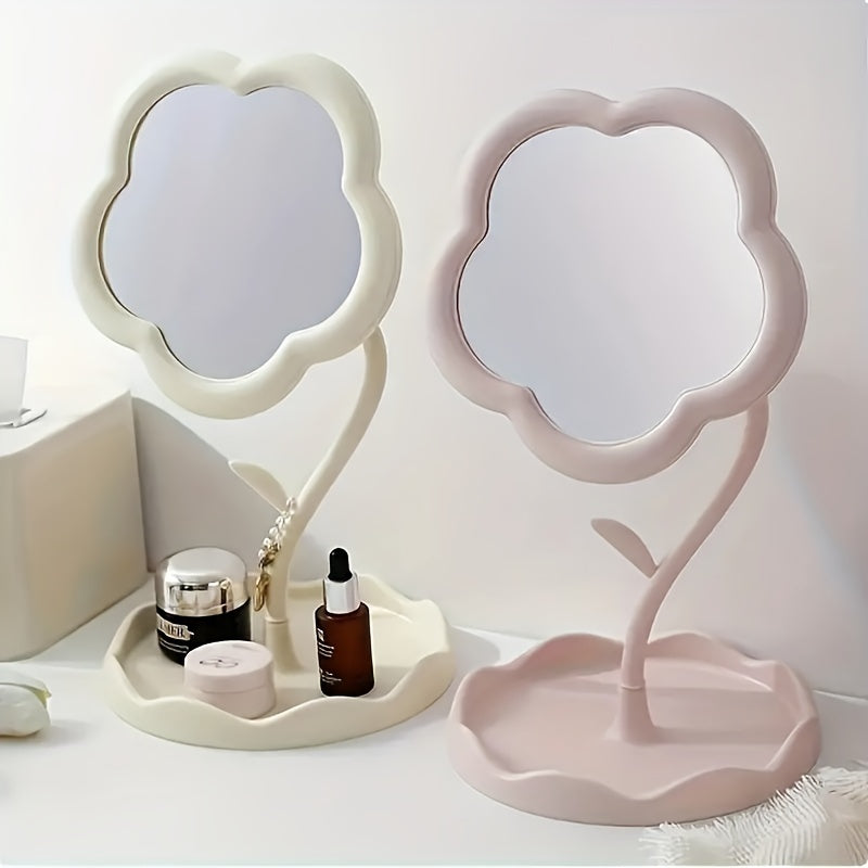 Floral Glass Makeup Vanity Mirror with Adjustable Stand & Tray — Portable Polished Plastic Frame for Dresser, Vanity, Bathroom