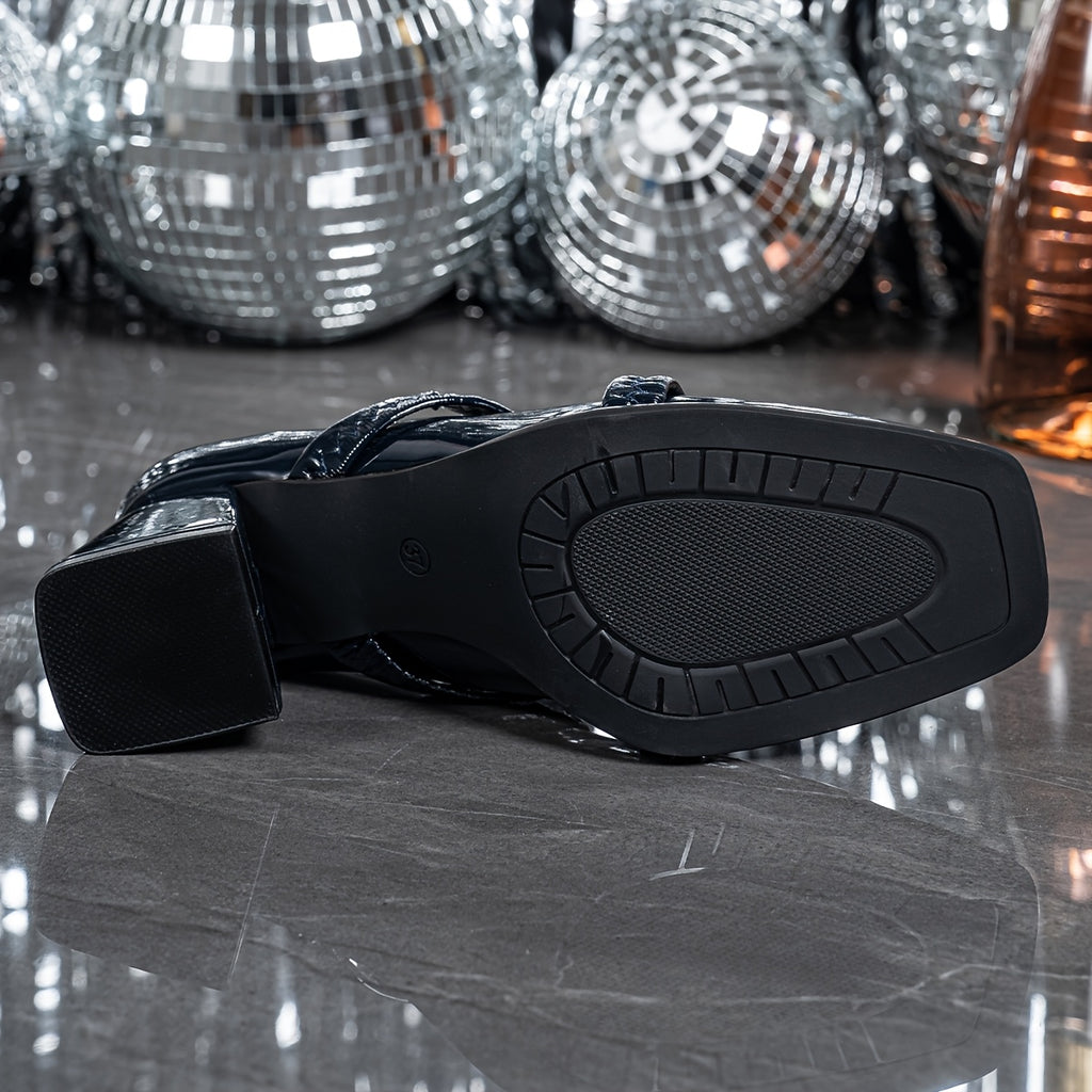 Black Square Toe Chunky Heel Pumps for Women | Slip-Resistant Block Heels with Decorative Straps & Buckles