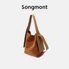 Genuine Leather Crossbody Bucket Bag - Olive Green & Caramel Tan Suede Lining, Ear-Hook Buckle, Single Shoulder Strap