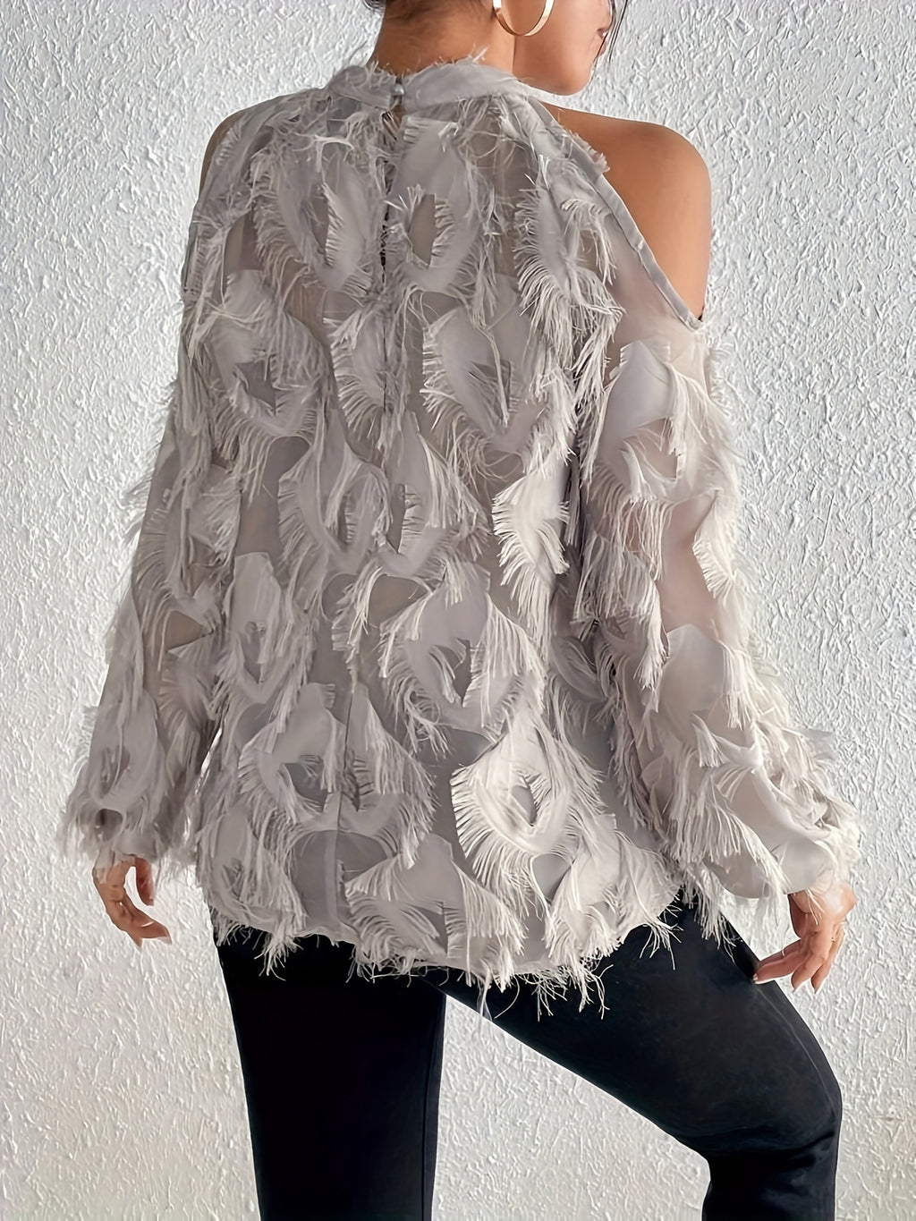 Women's Plush-Like Ruffled Long Sleeve Semi-Sheer Blouse - Round Neck Pullover Top for Casual & Formal Wear