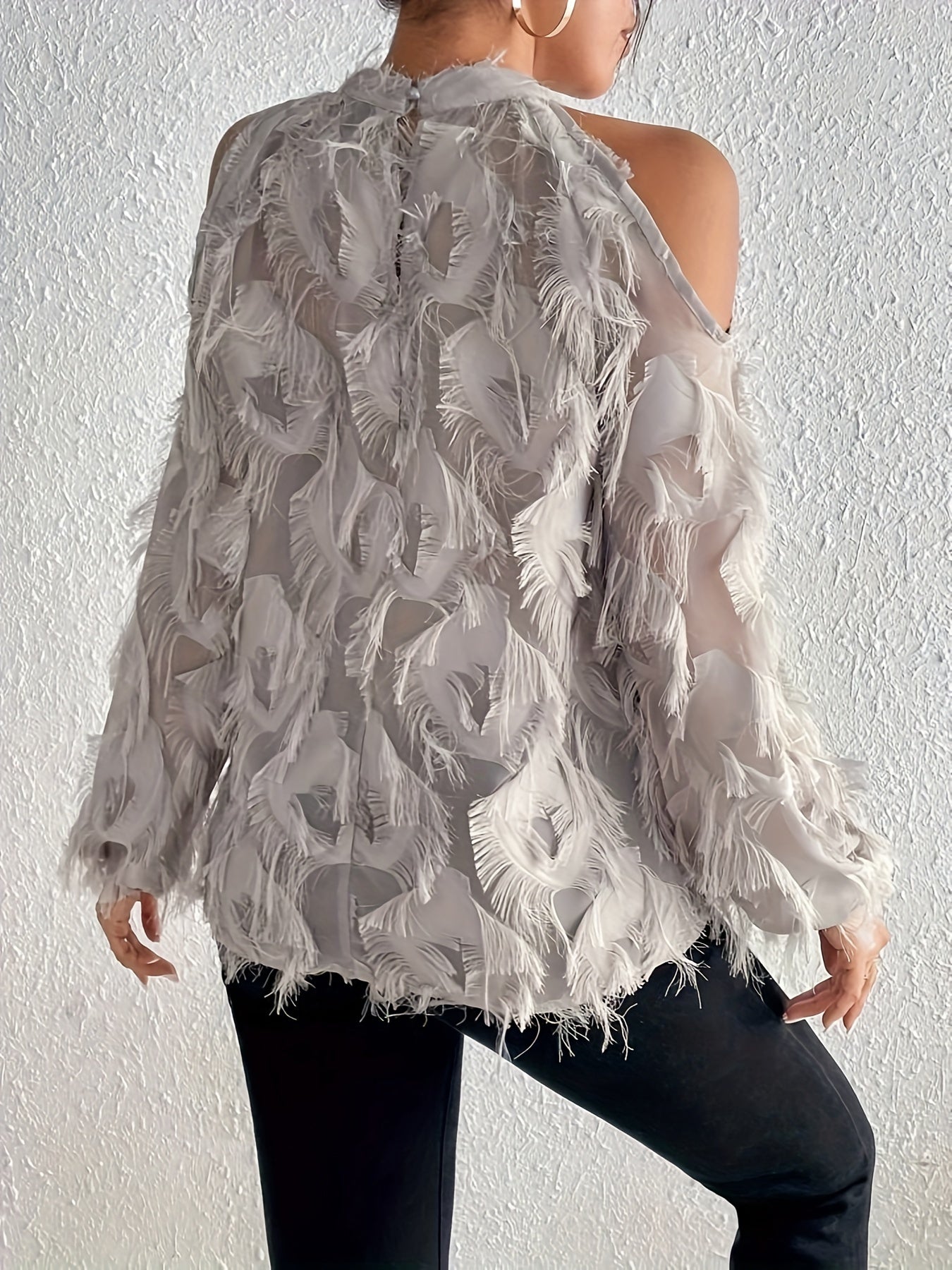 Women's Plush-Like Ruffled Long Sleeve Semi-Sheer Blouse - Round Neck Pullover Top for Casual & Formal Wear