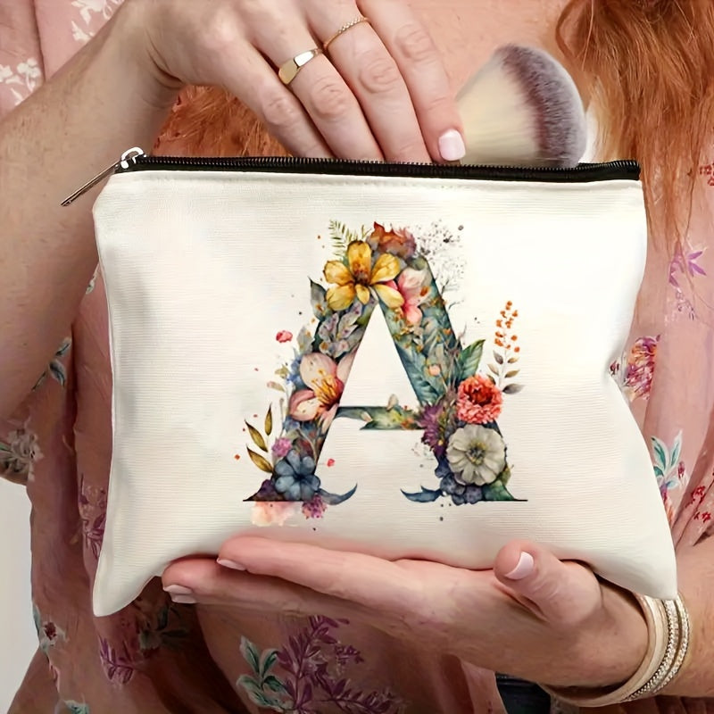 Alphabet Floral Canvas Pouch A-Z - Floral Canvas Cosmetic Bag & Clutch, Toiletry and Pen Case | Gift for Mom, Daughter, Teacher