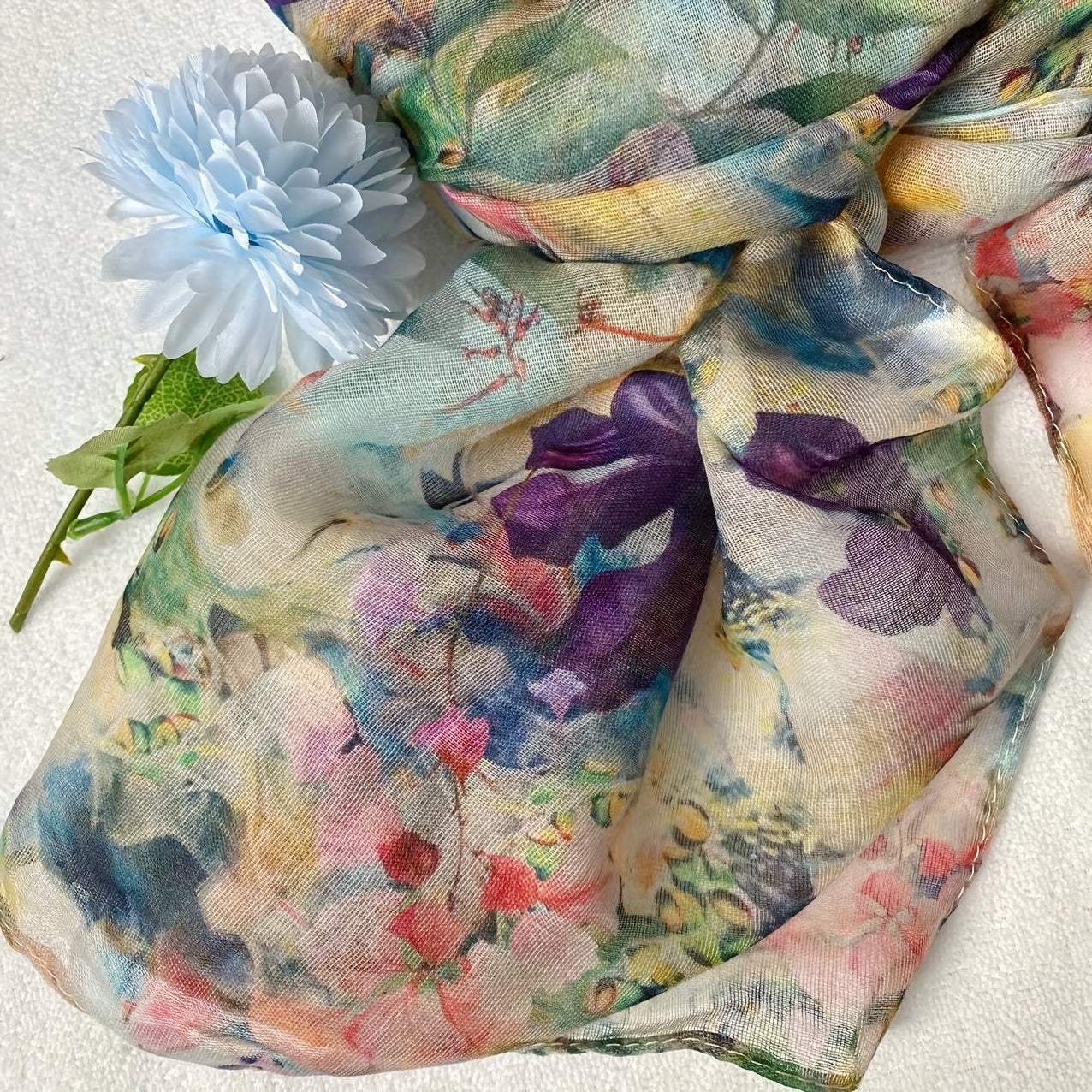 Bohemian Floral Sheer Scarf for Women, Lightweight Polyester Bali Yarn Shawl, Handwash or Dry Clean