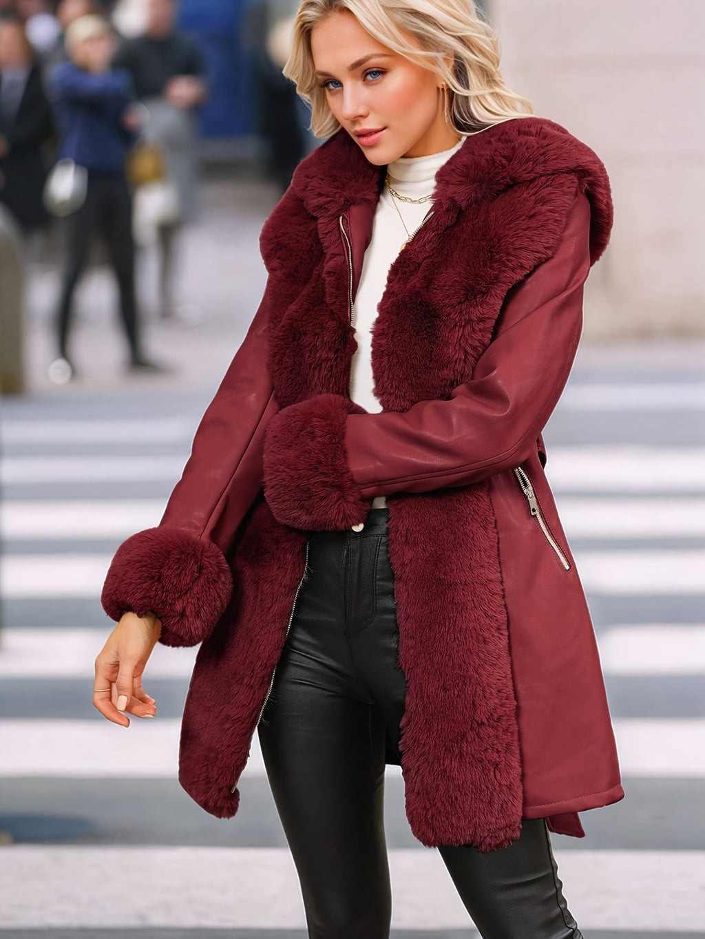 Women's Faux Fur-Trim PU Leather Hooded Coat with Belt - Warm Black Fall/Winter Jacket