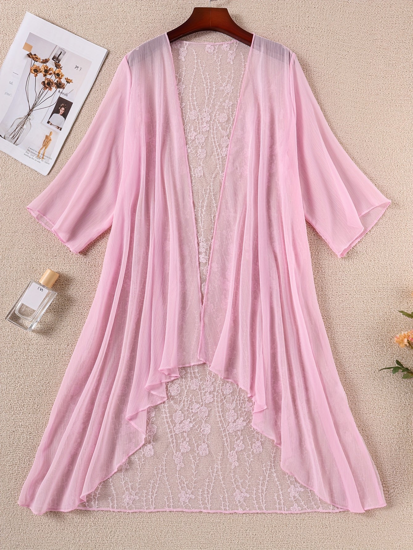 Plus Size Floral Embroidered Kimono Cardigan - Lace Trim Midi Cape, Long Sleeve Semi-Sheer