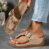 Women's Summer Wedge Sandals - Thick-Soled Platform Flip-Flops with Adjustable Back Strap and Retro Floral Accent