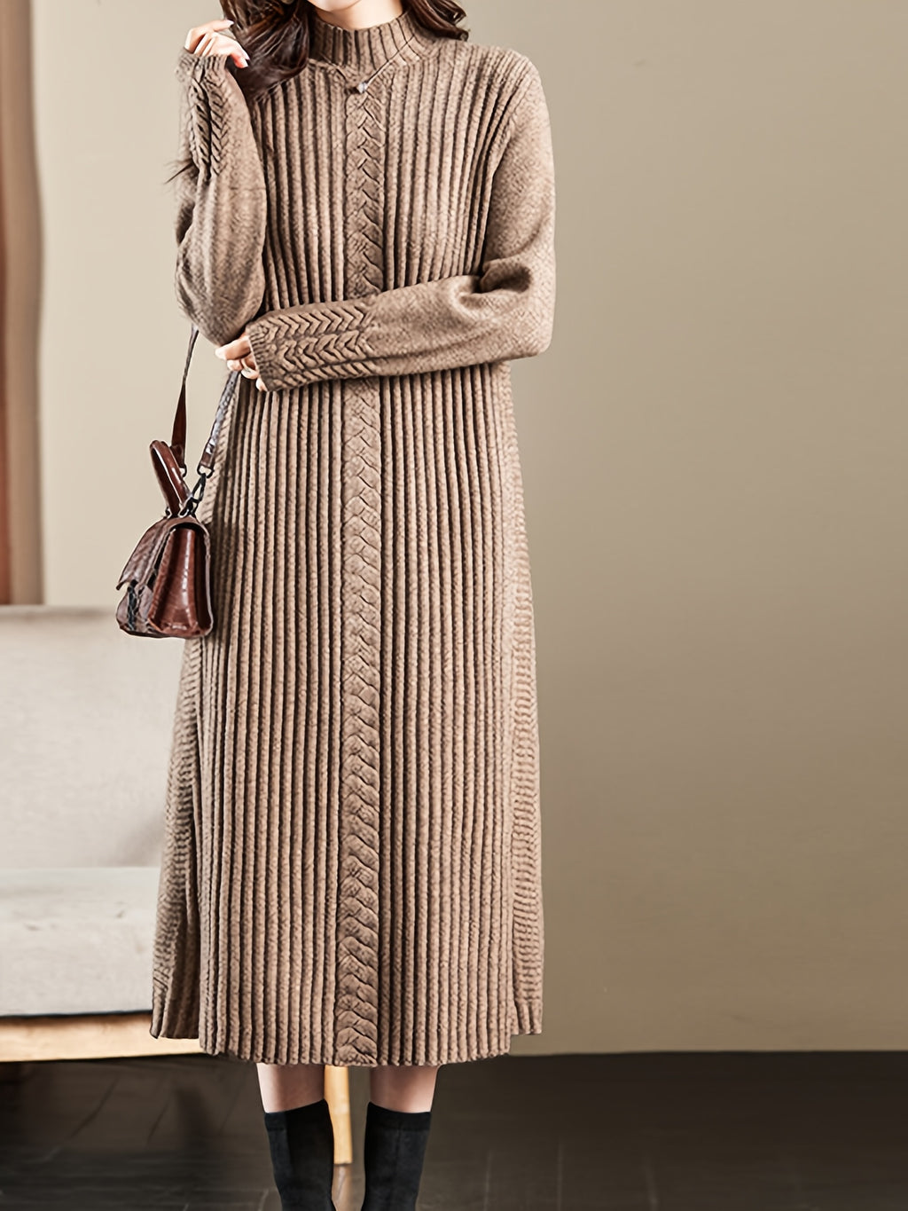 Women's High Neck Long Sleeve Knit Midi Dress - Soft Acrylic Blend, Regular Fit
