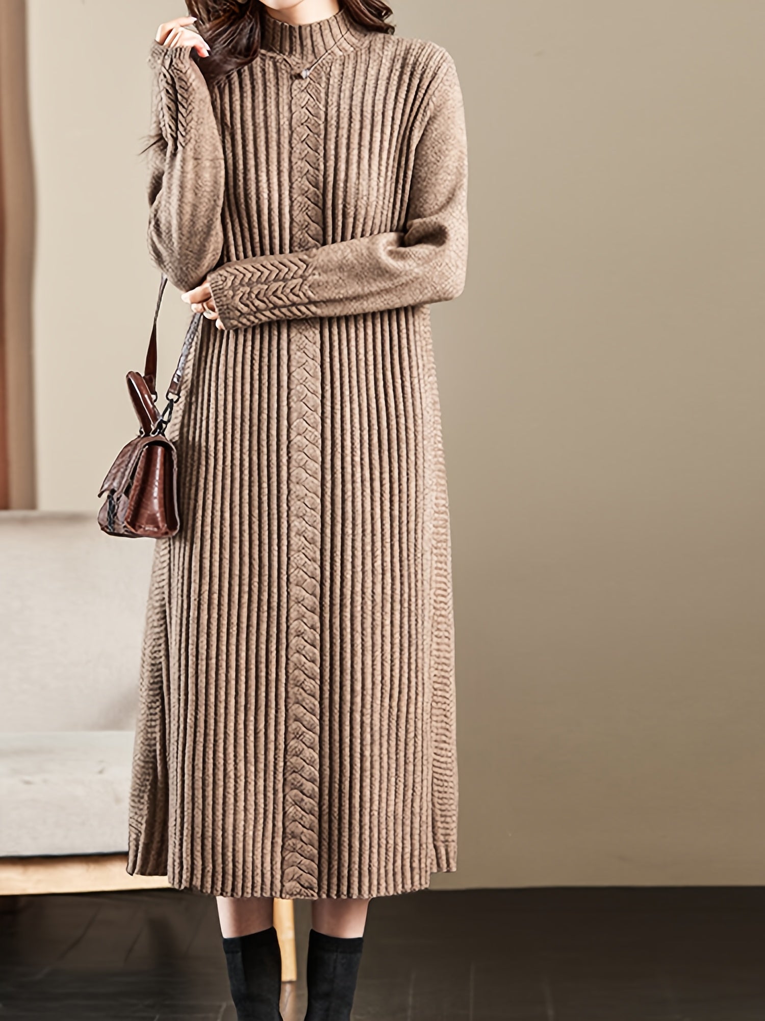 Women's High Neck Long Sleeve Knit Midi Dress - Soft Acrylic Blend, Regular Fit