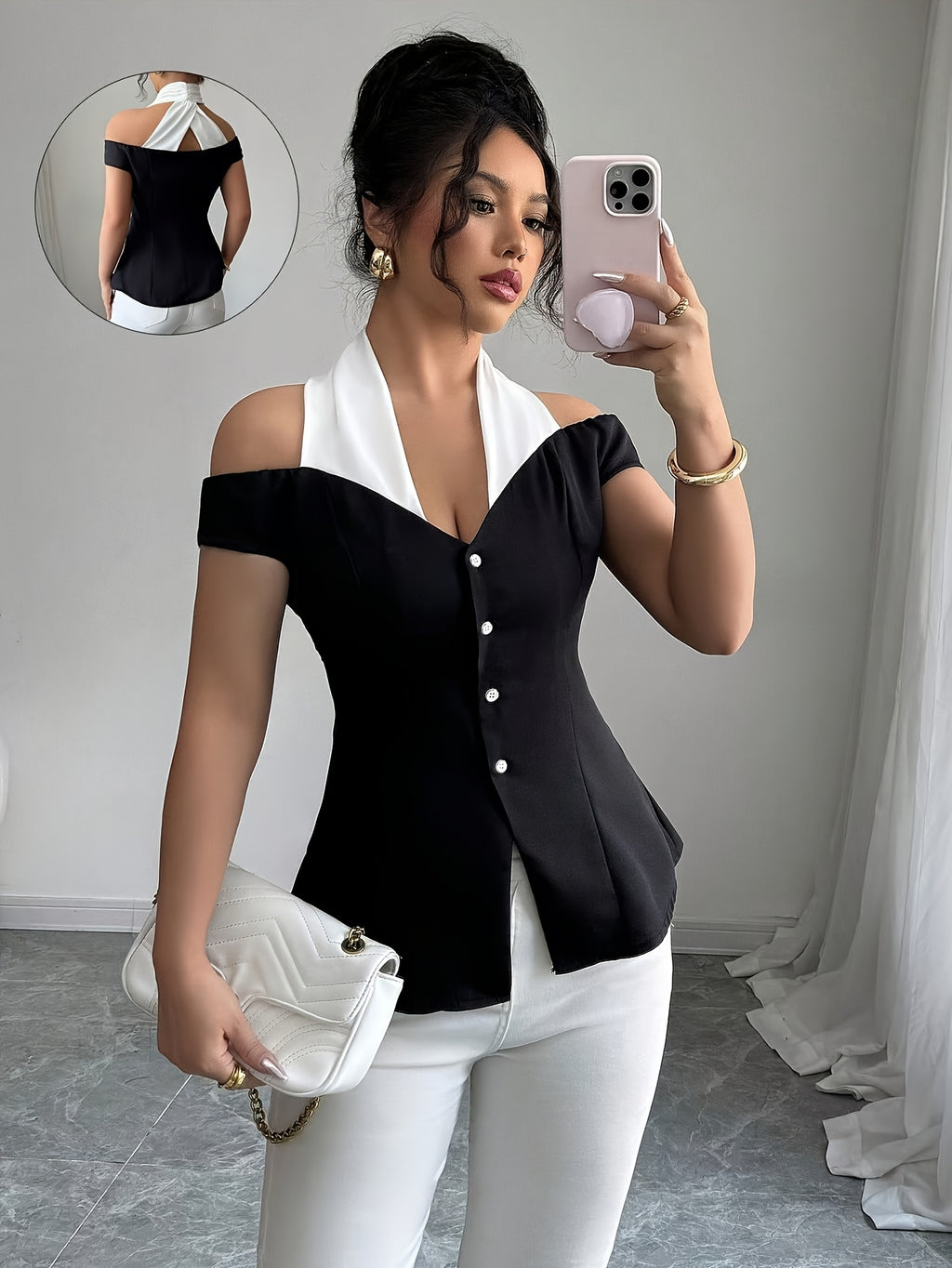 Women's Black & White Off-Shoulder V-Neck Blouse - Short Sleeve Elegant Knit Top for Summer Casual