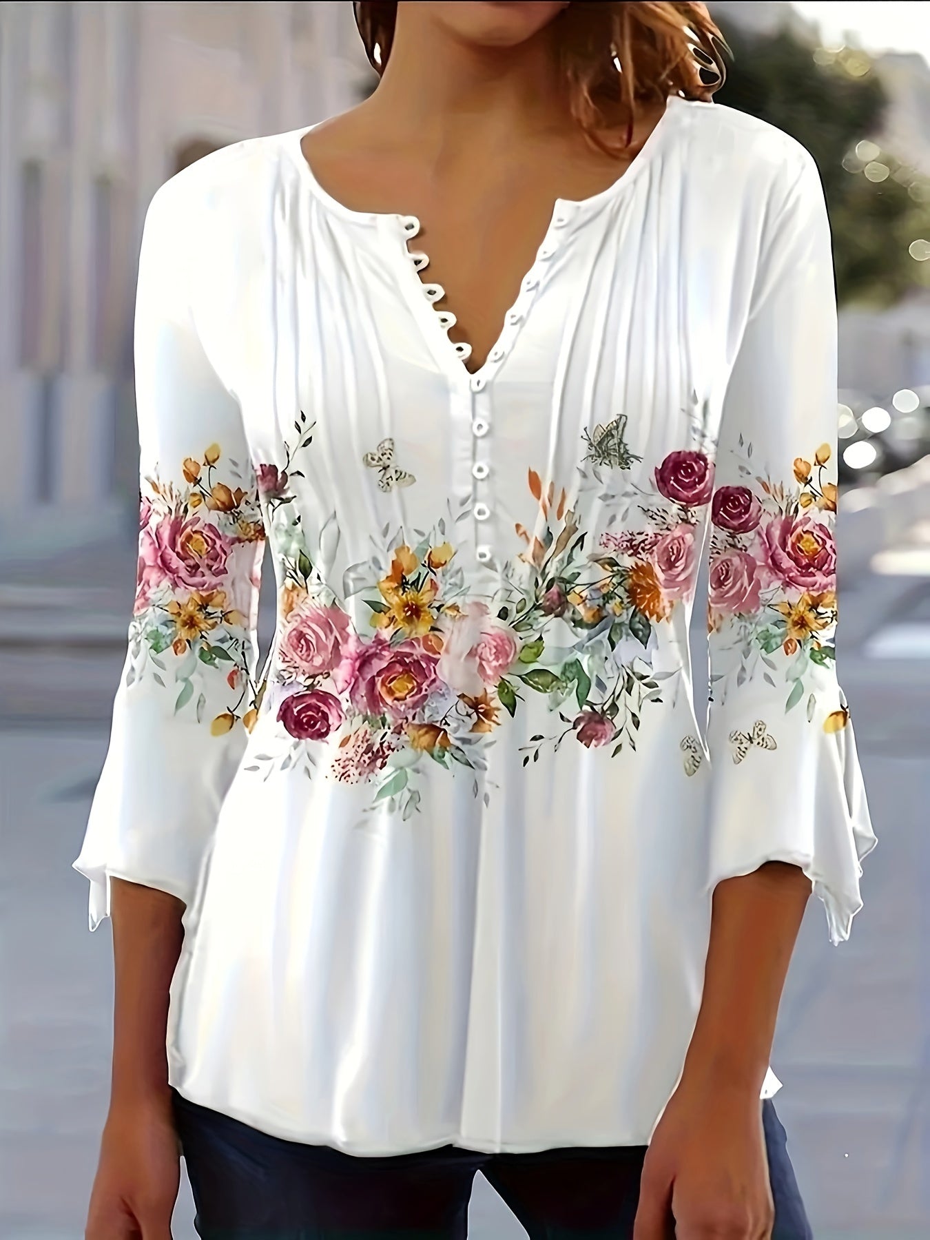 Women's Floral Notched Neck Button-Front Blouse - Vintage Casual Spring Summer Top