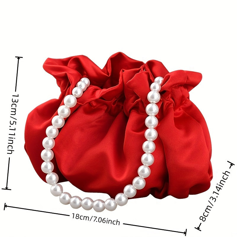 Mini Drawstring Bucket Bag with Pearl Decor – Women's Elegant Banquet Wristlet Handbag