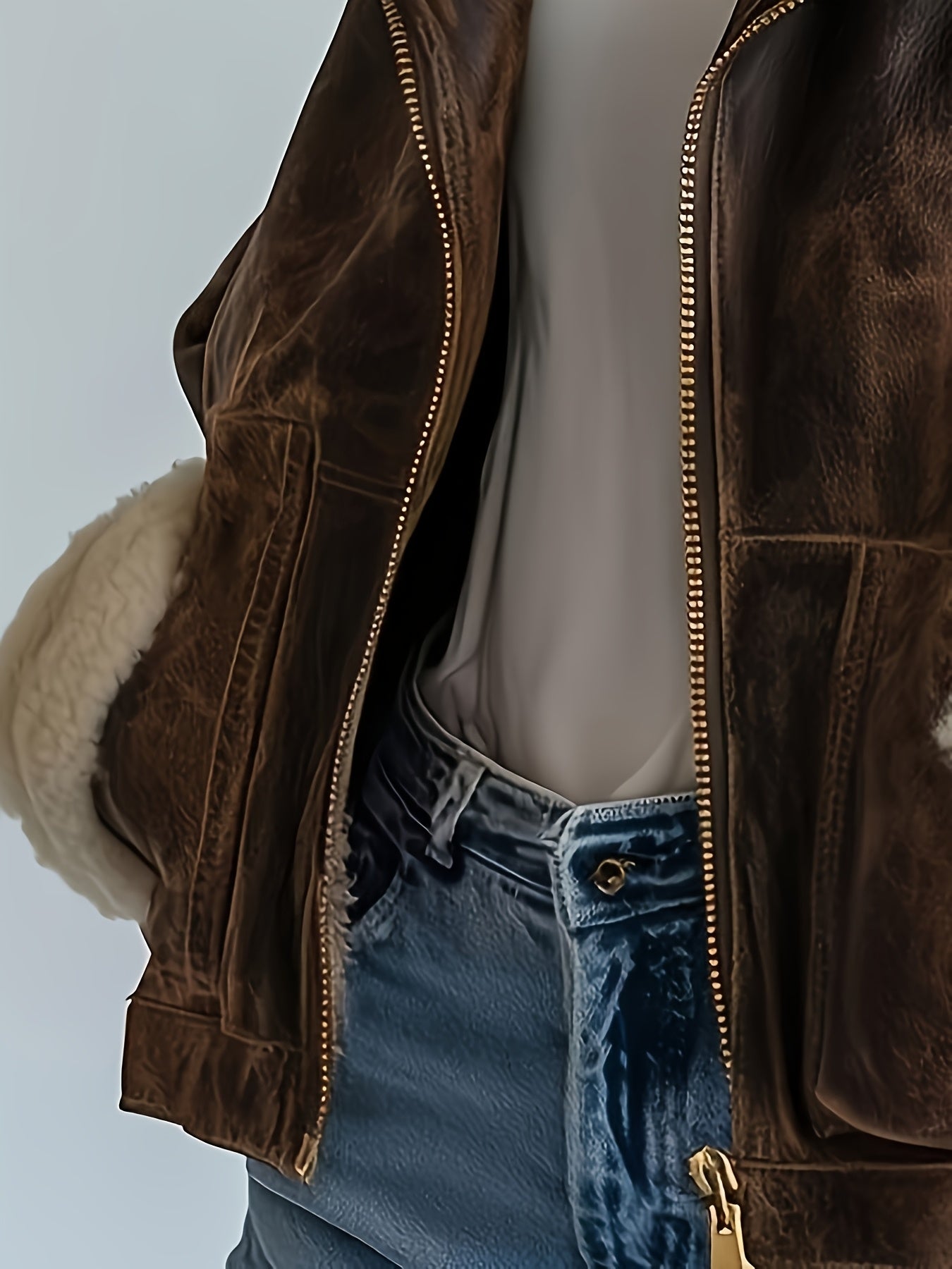 Women's Faux Leather Jacket with Fluffy Collar, Long Zip-Up Coat with Pockets — Brown All-Season Casual Chic