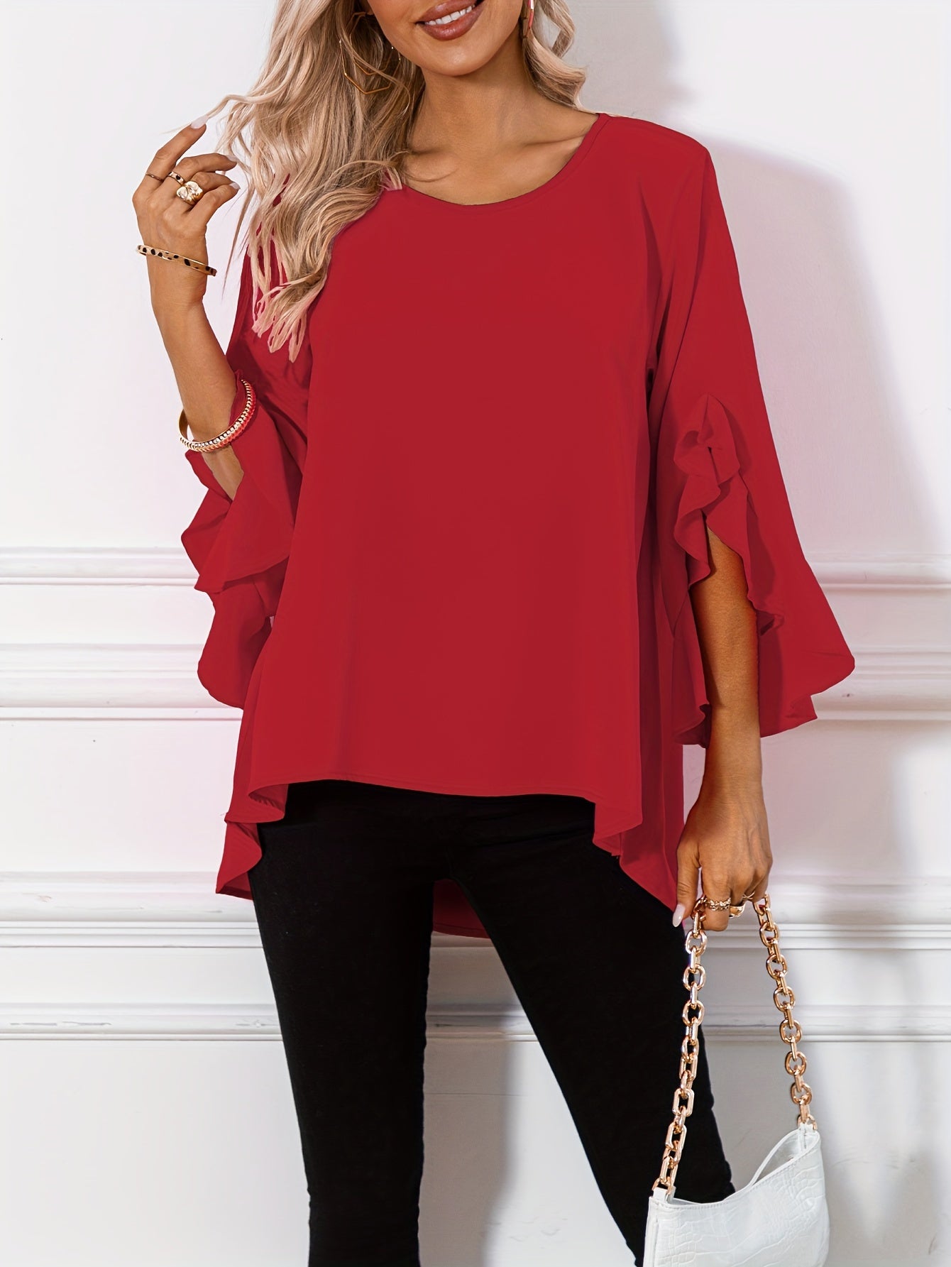 Women's Solid Crew Neck Ruffle Sleeve Blouse – Elegant Spring & Summer Woven Top