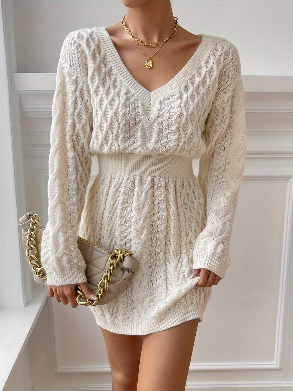 Women's Beige V-Neck Long Sleeve Sweater Dress – Stretch Knit, Form-Fitting Office-to-Party