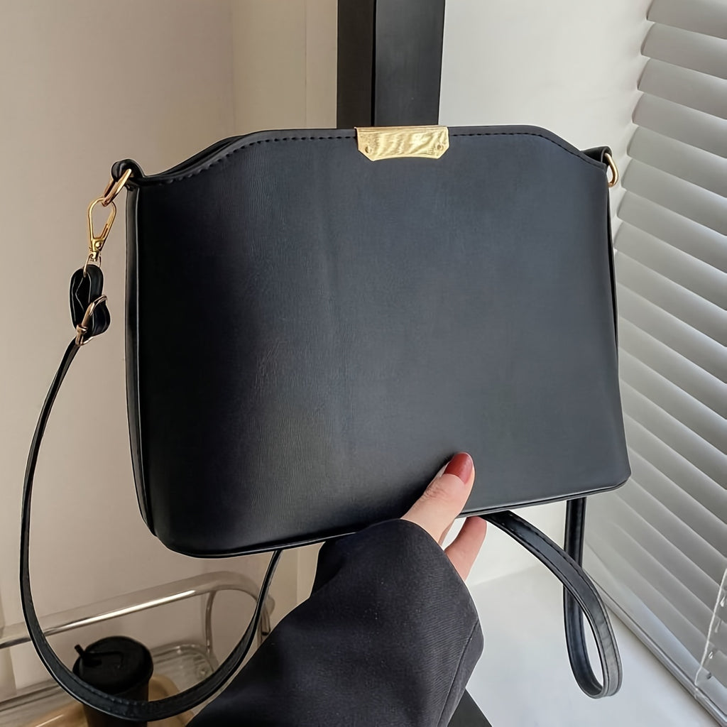 Minimalist PU Crossbody Bucket Bag for Women, Metal Accent Shoulder Messenger Bag