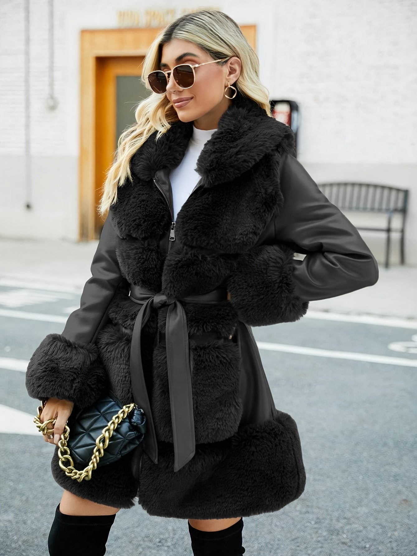 Women's Faux Fur-Lined PU Leather Jacket with Belt – Brown Casual Fall/Winter Coat with Front Pockets