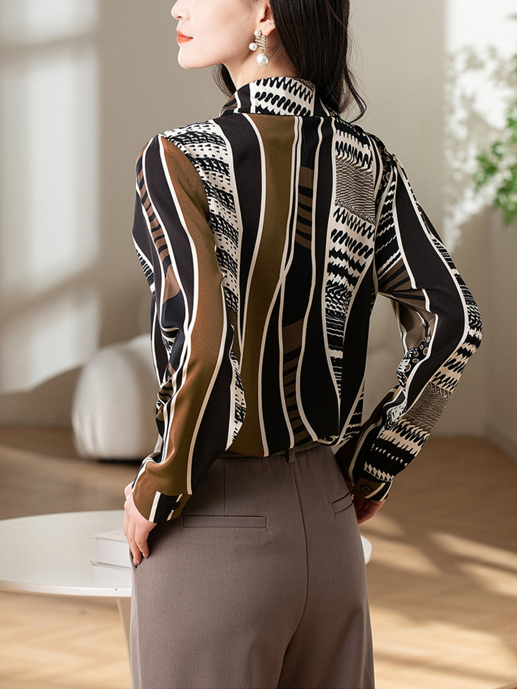 Women's Geometric Striped Long Sleeve Shirt - Black & Coffee Color Block, Lapel Collar, Single-Button Office & Casual Blouse