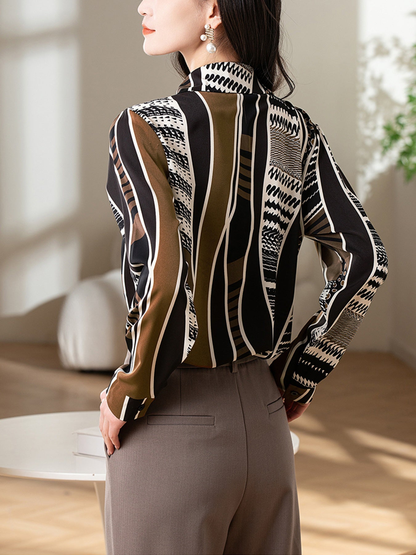 Women's Geometric Striped Long Sleeve Shirt - Black & Coffee Color Block, Lapel Collar, Single-Button Office & Casual Blouse