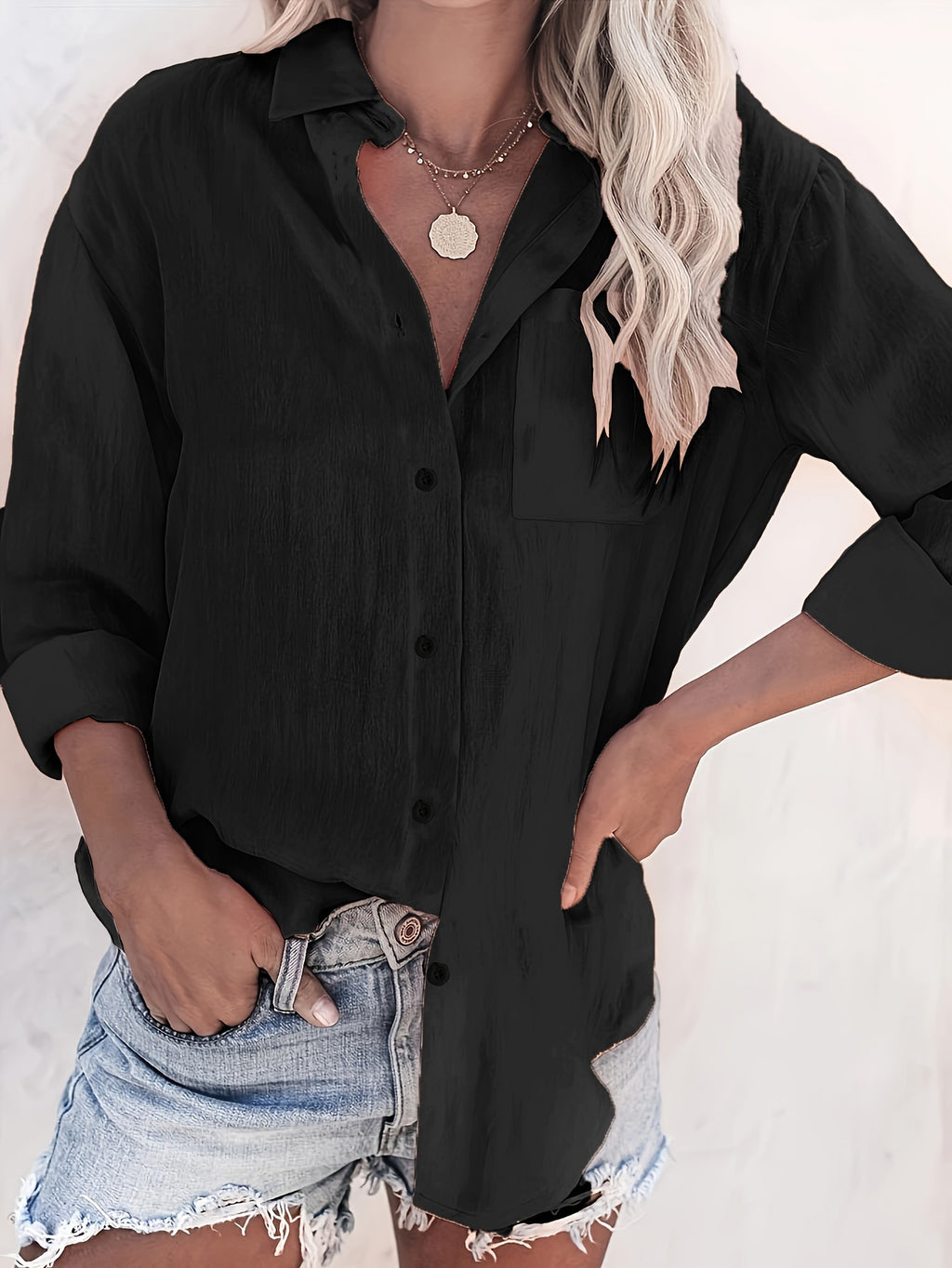 Women's Long Sleeve Button-Up Shirt – Classic Collar Blouse for Office & Everyday, All-Season Easy-Care Top