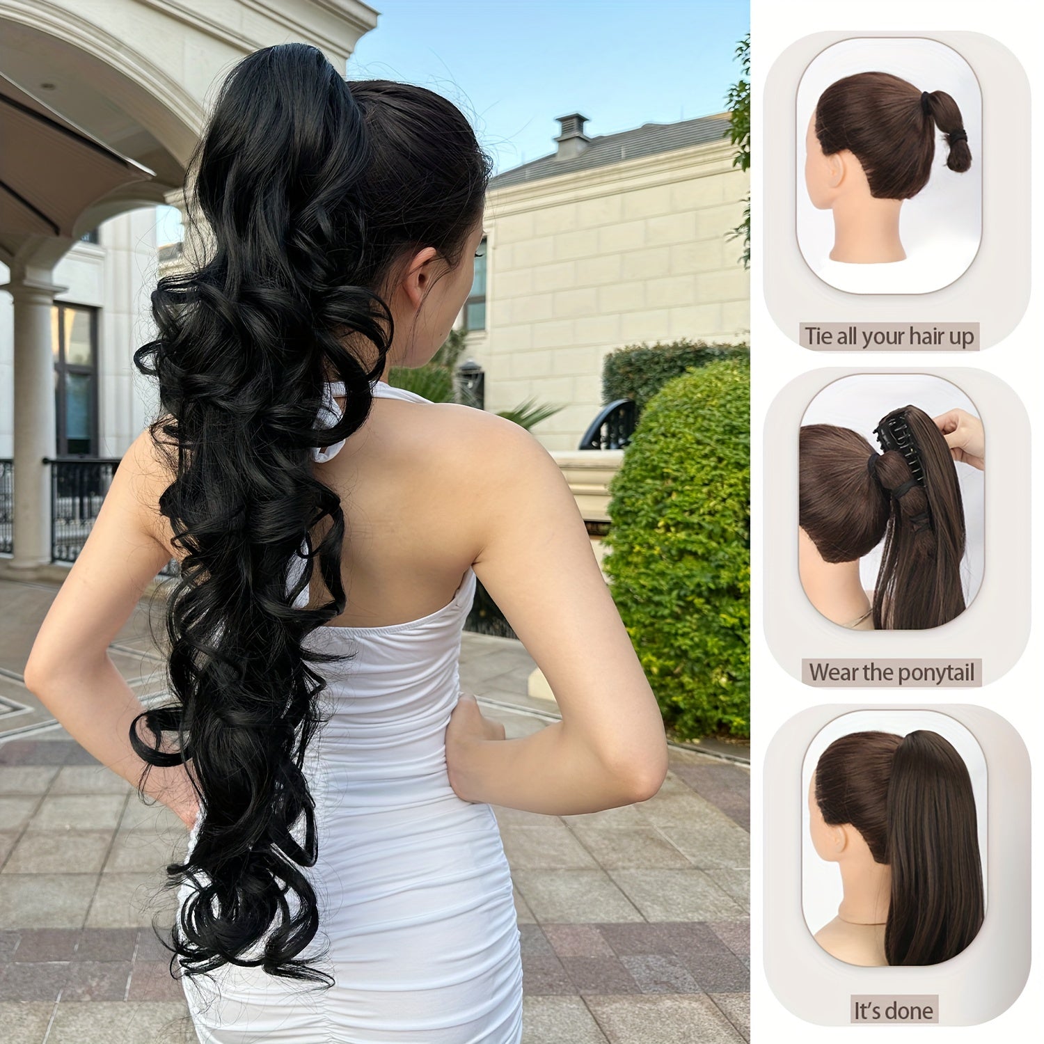Clip-In Claw Ponytail Extension — Water Wave Wavy Curly Synthetic Hairpiece for Women (Dark Brown/Black)