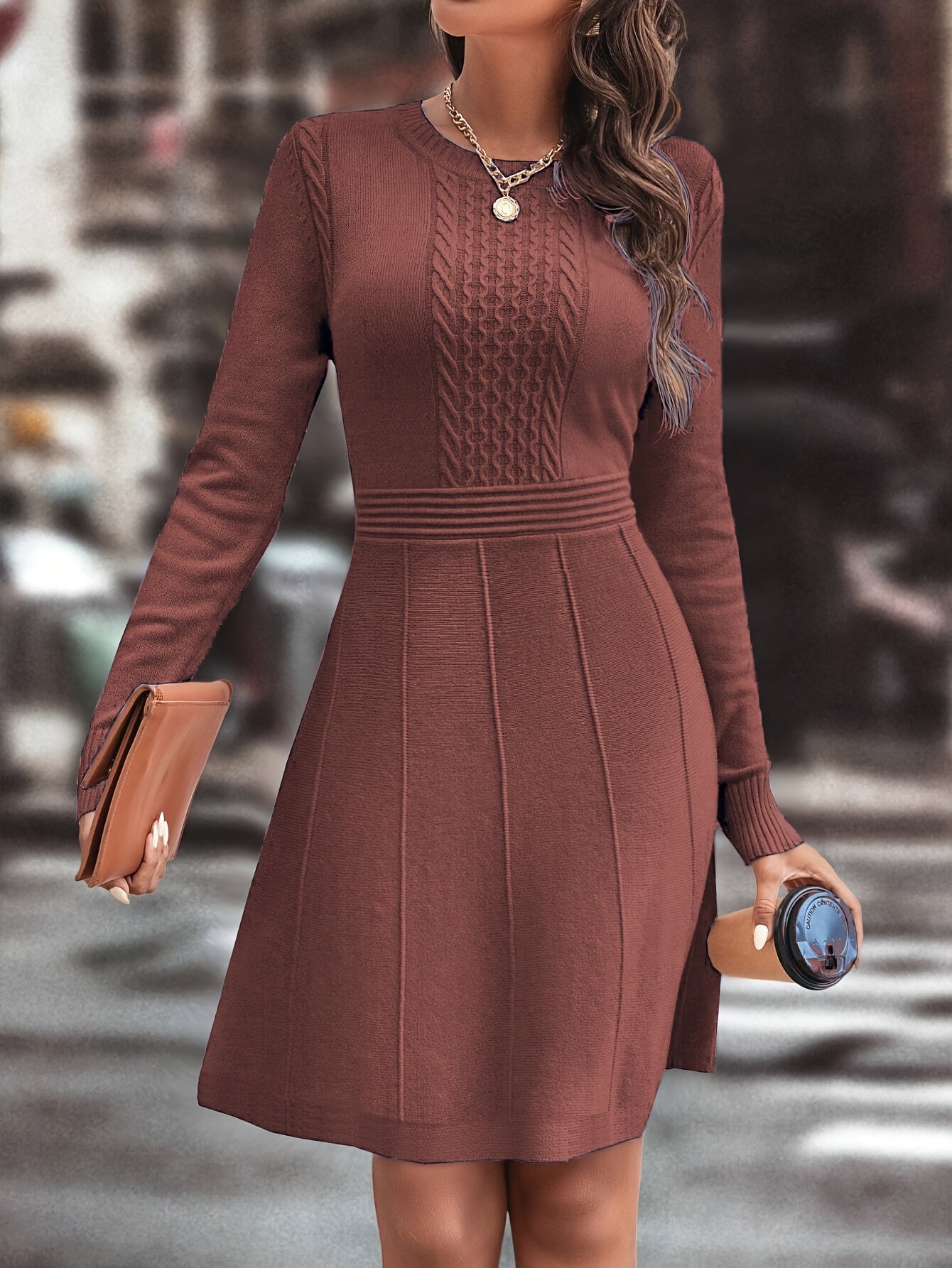 Women's Autumn/Winter Knit A-Line Dress Slim Round Neck Casual Elegant for Date & Daily Wear