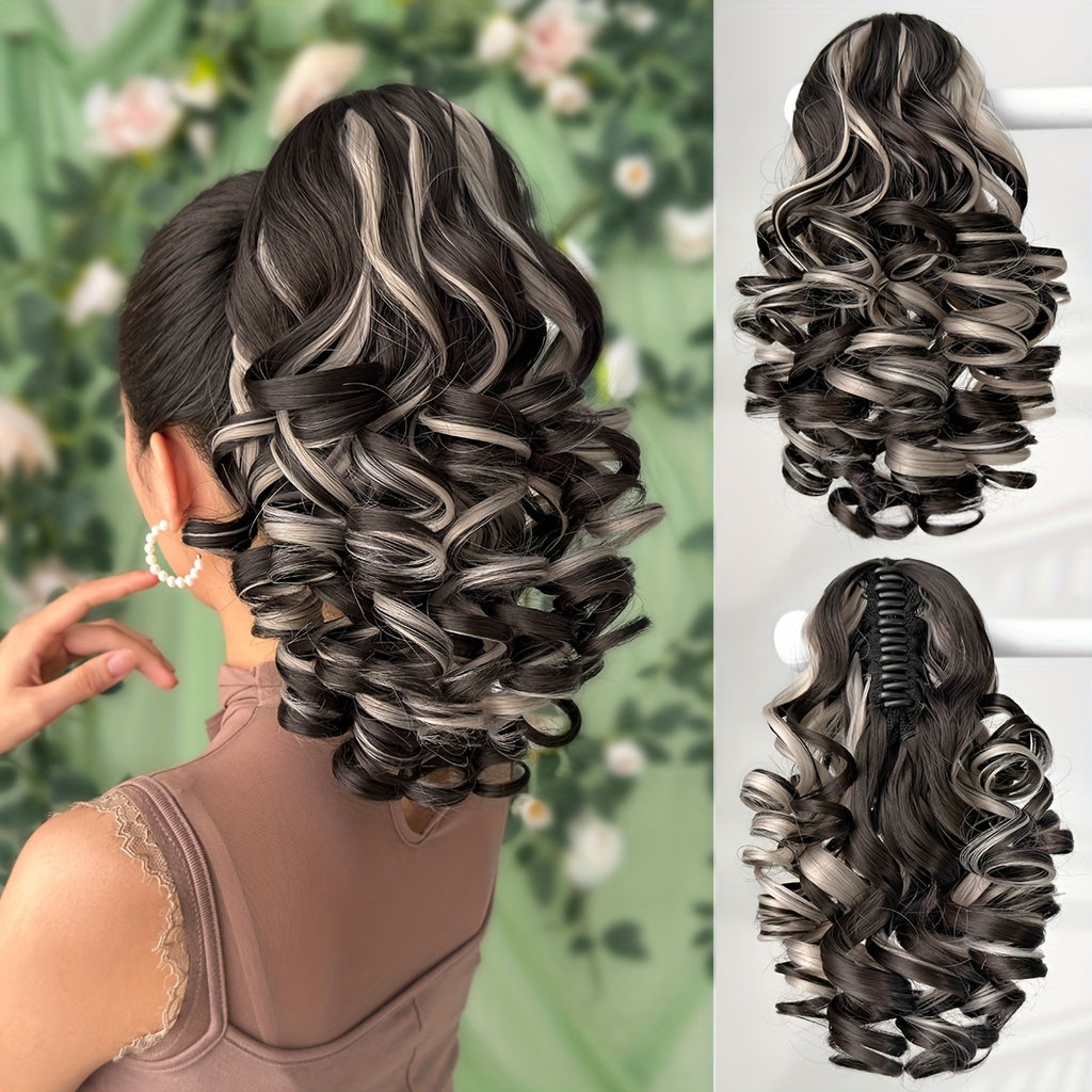 Women's 12-Inch Deep Wave Heat-Resistant Synthetic Claw Ponytail Hair Extension, Curly Clip-In, Multiple Colors (Black, Brown, Blonde, Red, Gray, Beige, White)