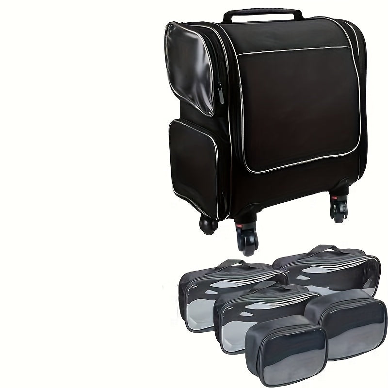 Rolling Cosmetic Case with 360° Wheels — Multi-Compartment Nylon Travel Makeup Organizer