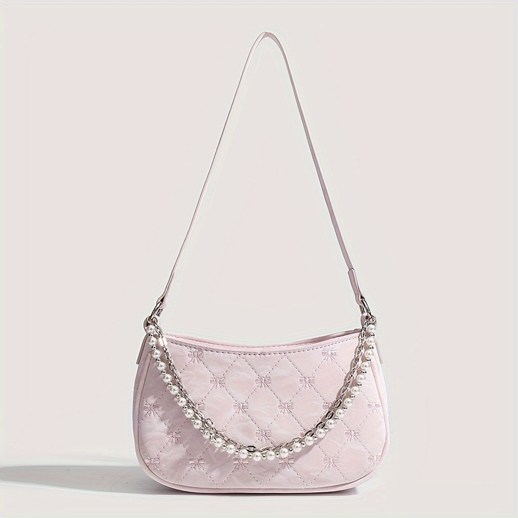 Pink Quilted Butterfly Baguette Bag with Pearl Chain – Detachable Shoulder Crossbody Purse, Diamond Pattern Elegant Women's Handbag