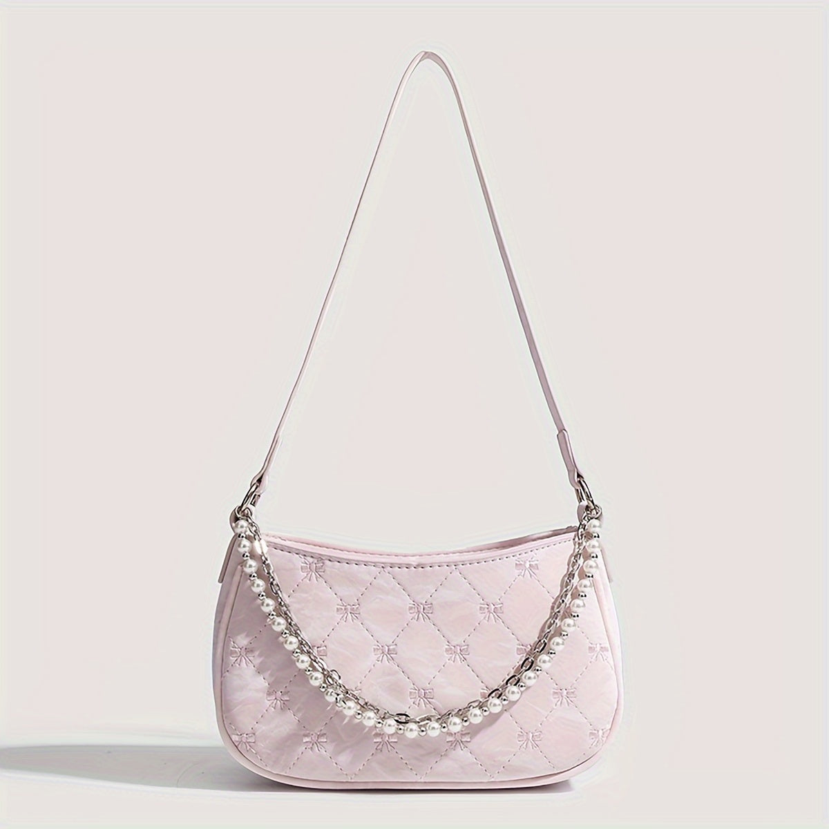 Pink Quilted Butterfly Baguette Bag with Pearl Chain – Detachable Shoulder Crossbody Purse, Diamond Pattern Elegant Women's Handbag