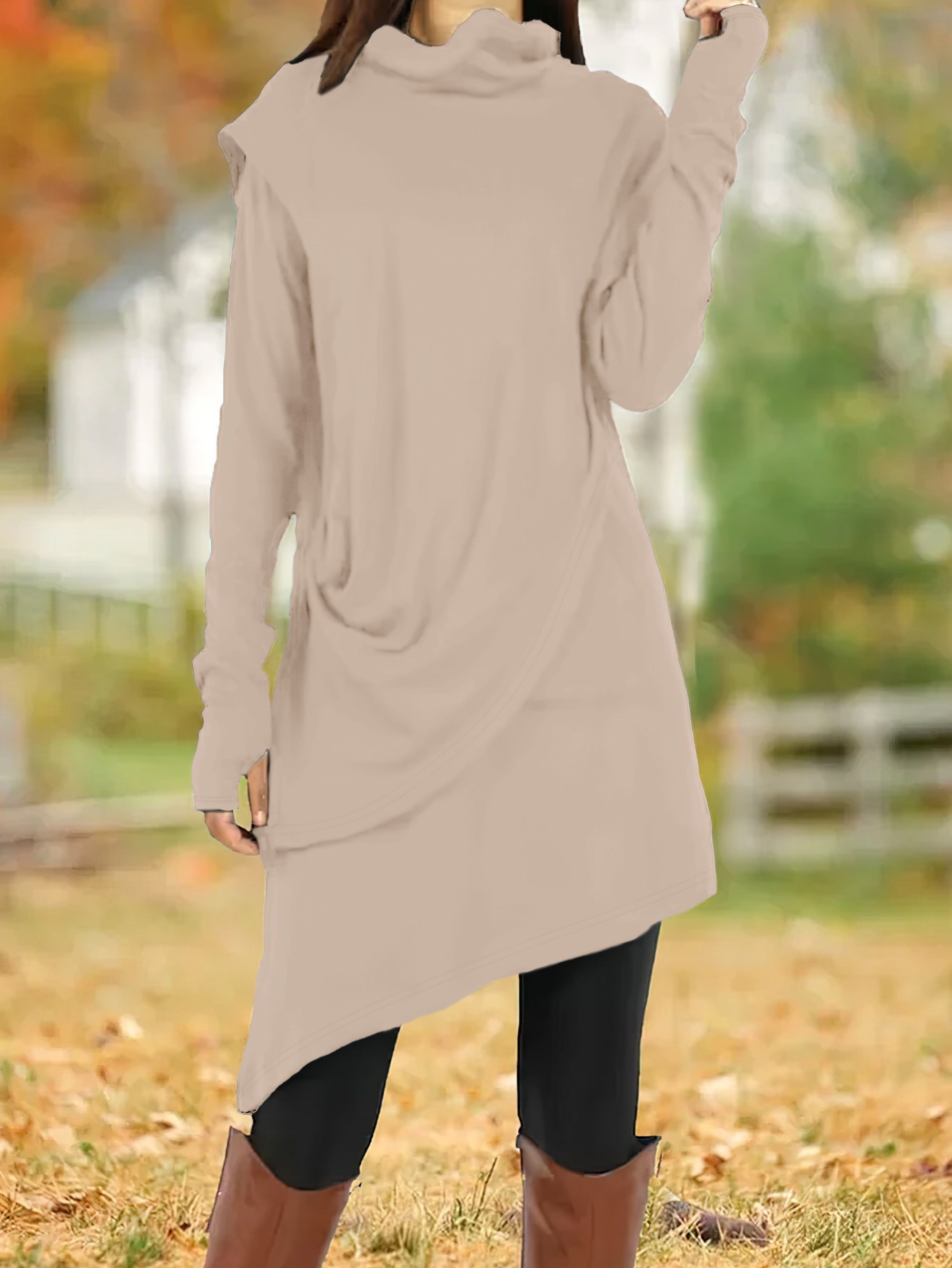 Women's Asymmetrical High-Neck Long Sleeve Tunic Dress, Knit Polyester Pencil Skirt, All-Season Casual