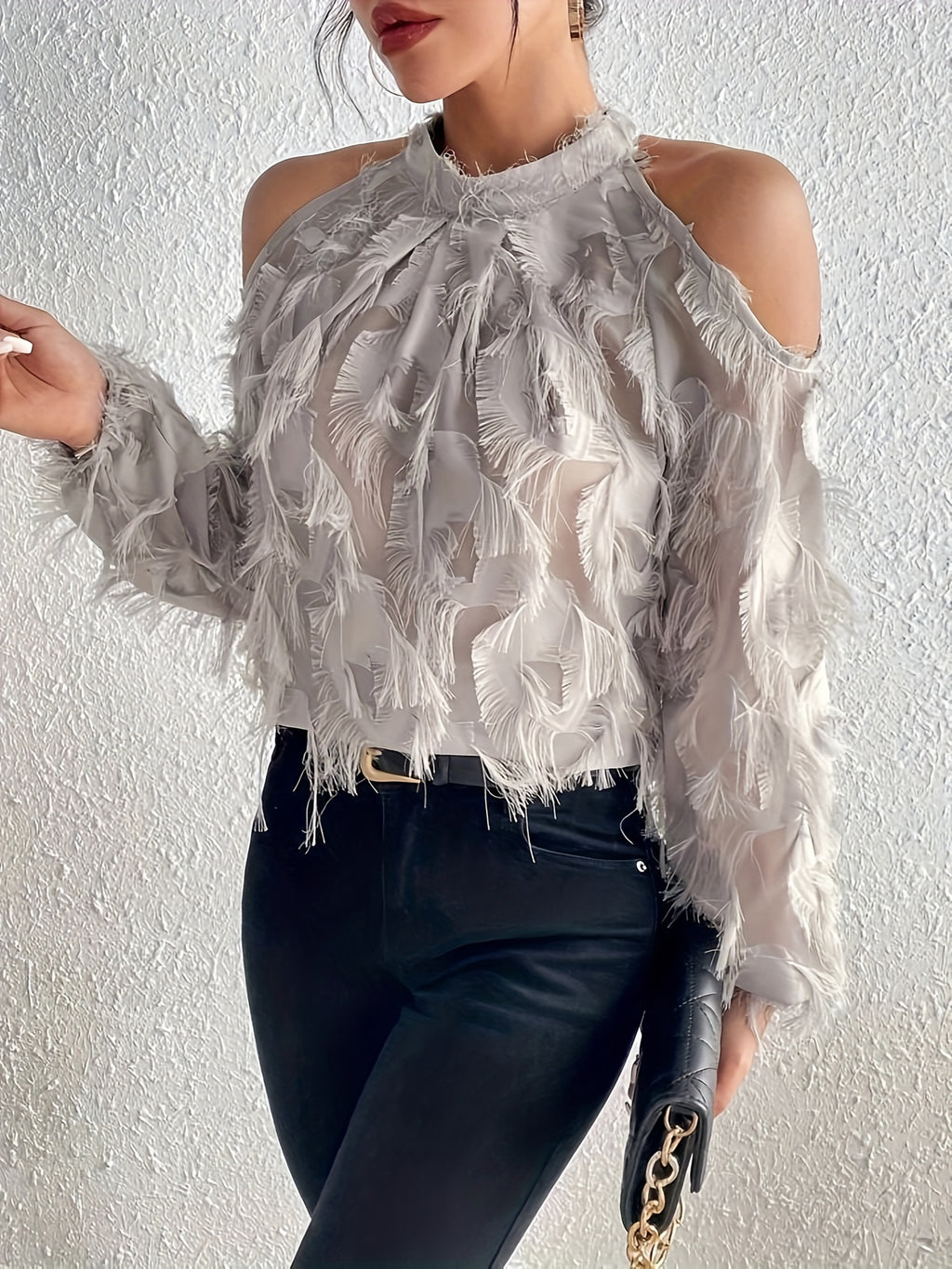 Women's Plush-Like Ruffled Long Sleeve Semi-Sheer Blouse - Round Neck Pullover Top for Casual & Formal Wear