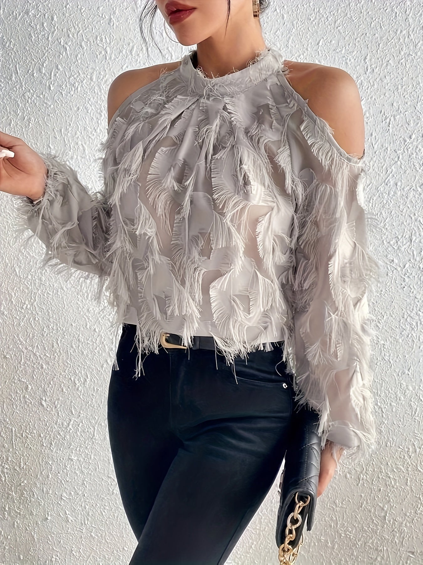 Women's Plush-Like Ruffled Long Sleeve Semi-Sheer Blouse - Round Neck Pullover Top for Casual & Formal Wear