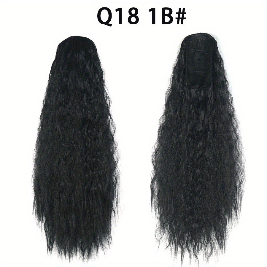 22-inch (56 cm) Water Wave Drawstring Ponytail - Synthetic Clip-In Curly Hair Extension for Women, Natural Black