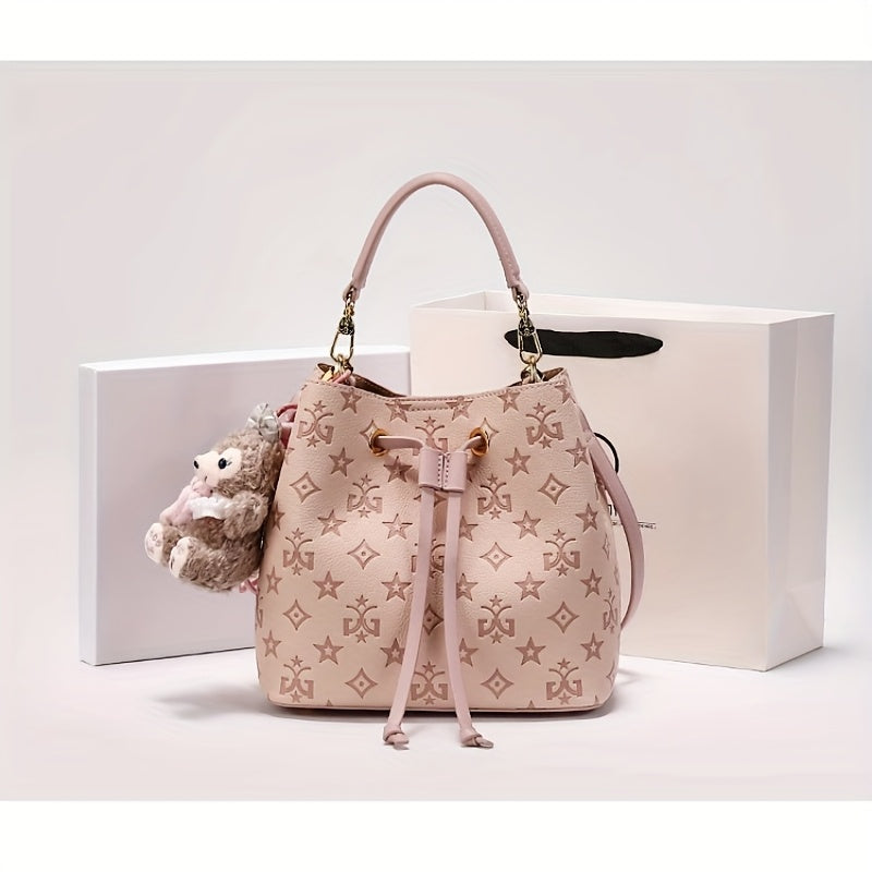 Purple Bucket Bag for Women – Large Capacity Embossed Geometric Handbag with Adjustable Strap & Gold Hardware