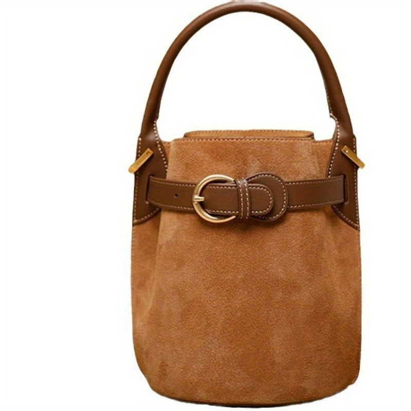 Genuine Leather Bucket Bag for Women - Convertible Handheld & Crossbody with Adjustable Strap, Drawstring Closure, Gold-Tone Hardware, Textured Luxury (Beige, Pink, Purple, Chocolate)