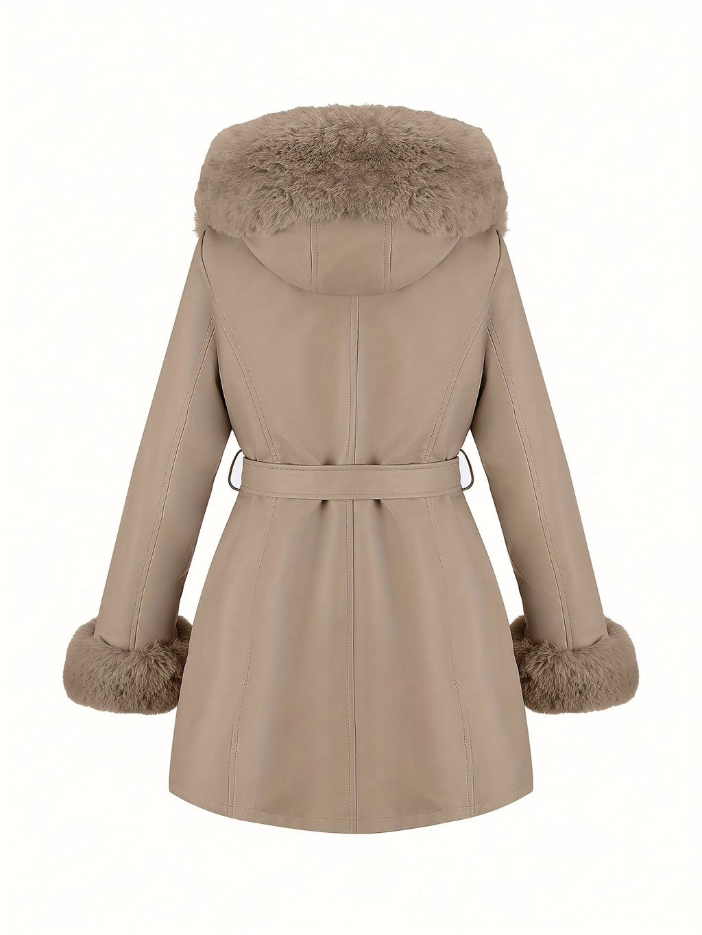 Women's Faux Fur-Trim PU Leather Hooded Coat with Belt - Warm Black Fall/Winter Jacket