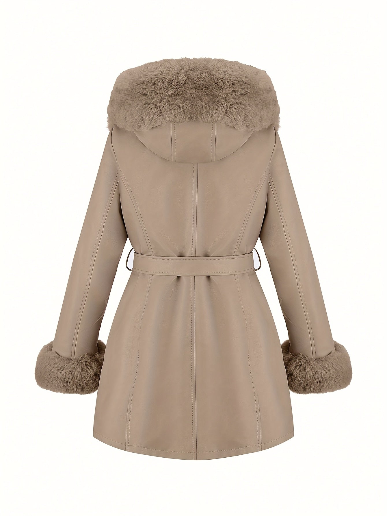 Women's Faux Fur-Trim PU Leather Hooded Coat with Belt - Warm Black Fall/Winter Jacket
