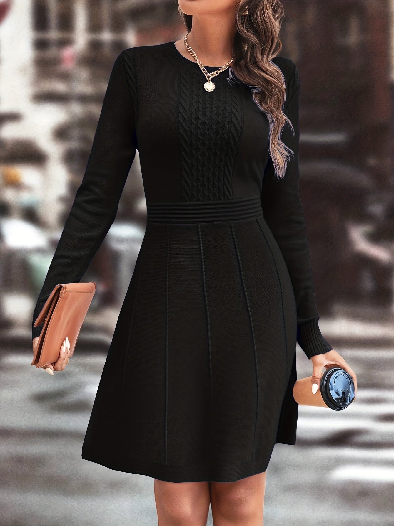 Women's Autumn/Winter Knit A-Line Dress Slim Round Neck Casual Elegant for Date & Daily Wear