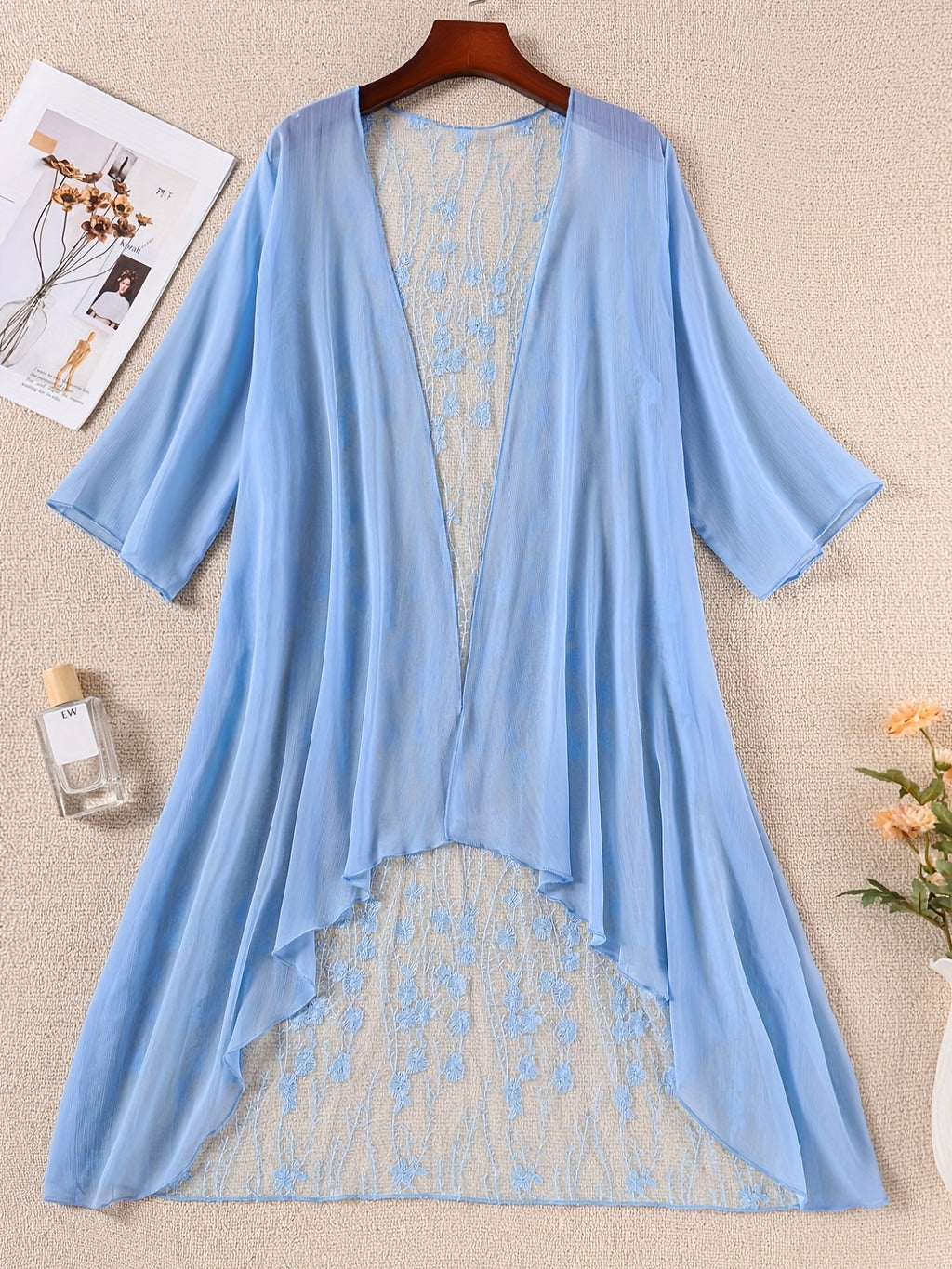 Plus Size Floral Embroidered Kimono Cardigan - Lace Trim Midi Cape, Long Sleeve Semi-Sheer