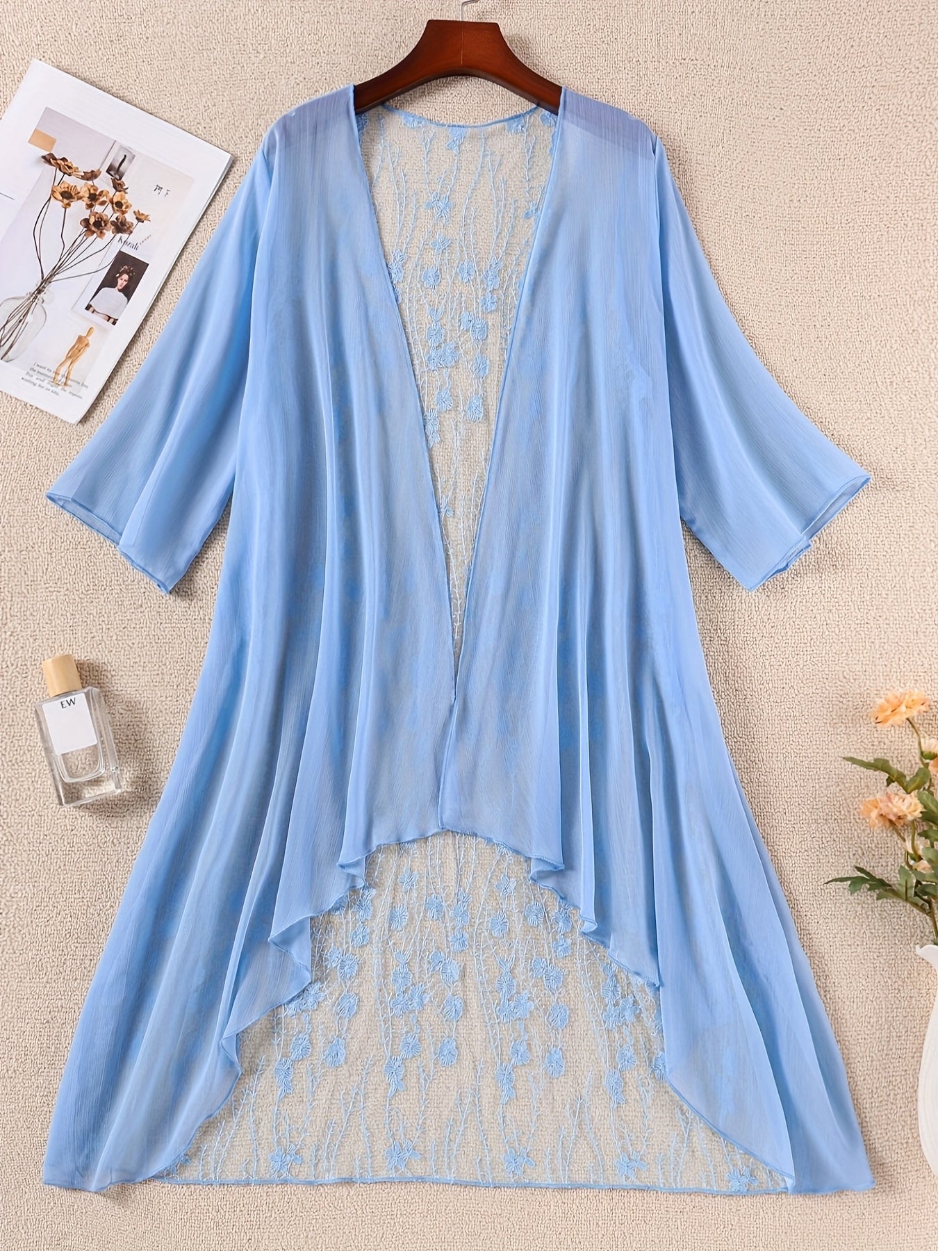 Plus Size Floral Embroidered Kimono Cardigan - Lace Trim Midi Cape, Long Sleeve Semi-Sheer
