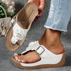 Women's Summer Wedge Sandals - Thick-Soled Platform Flip-Flops with Adjustable Back Strap and Retro Floral Accent