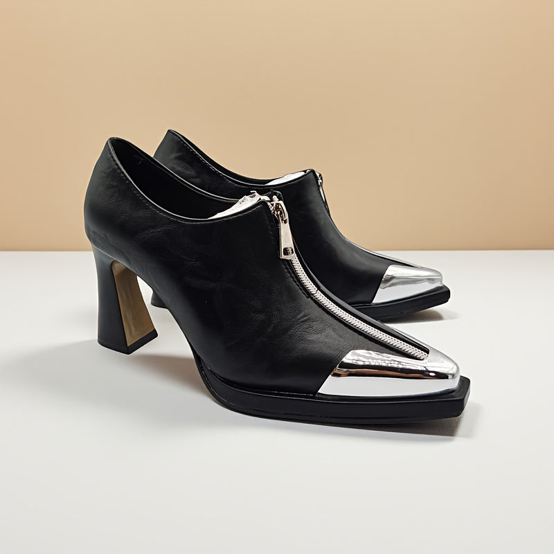 Women's Black Pointed Toe Chunky Block Heel Pumps with Metallic Toe Accent – Comfortable Rubber Sole Dress Shoes