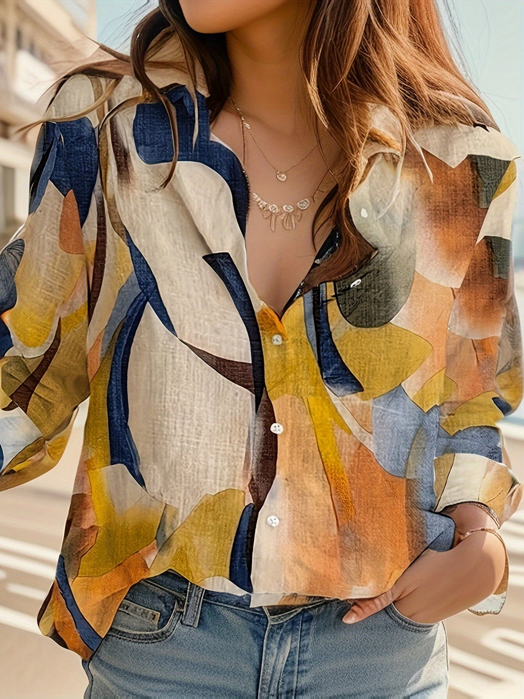 Elegant Women's Single-Breasted Long Sleeve V-Neck Shirt – Geometric Print, All-Season Polyester
