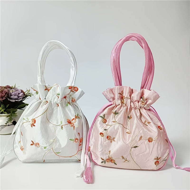 Elegant Floral Embroidered Drawstring Clutch – Cute Bucket Purse with Polyester Lining for Coins & Phone (Multiple Colors)