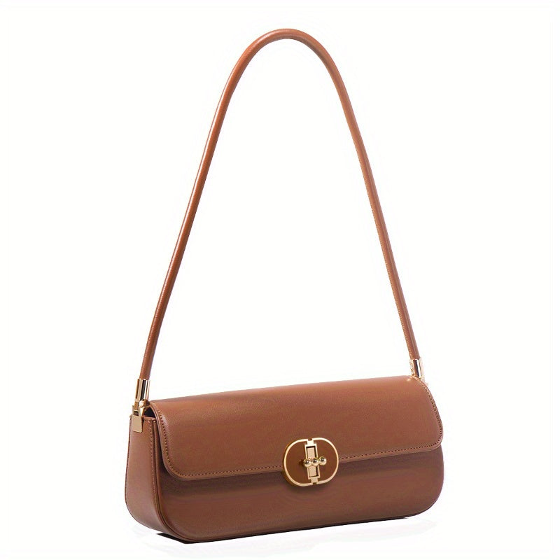 Women's French Baguette Shoulder Bag – PU Leather Baguette Purse with Gold Hardware, Compact Underarm Handbag (Burgundy / Dark Brown)