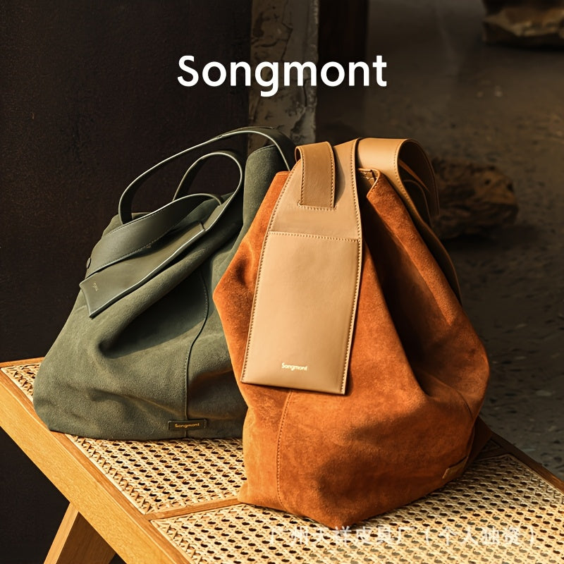 Genuine Leather Crossbody Bucket Bag - Olive Green & Caramel Tan Suede Lining, Ear-Hook Buckle, Single Shoulder Strap