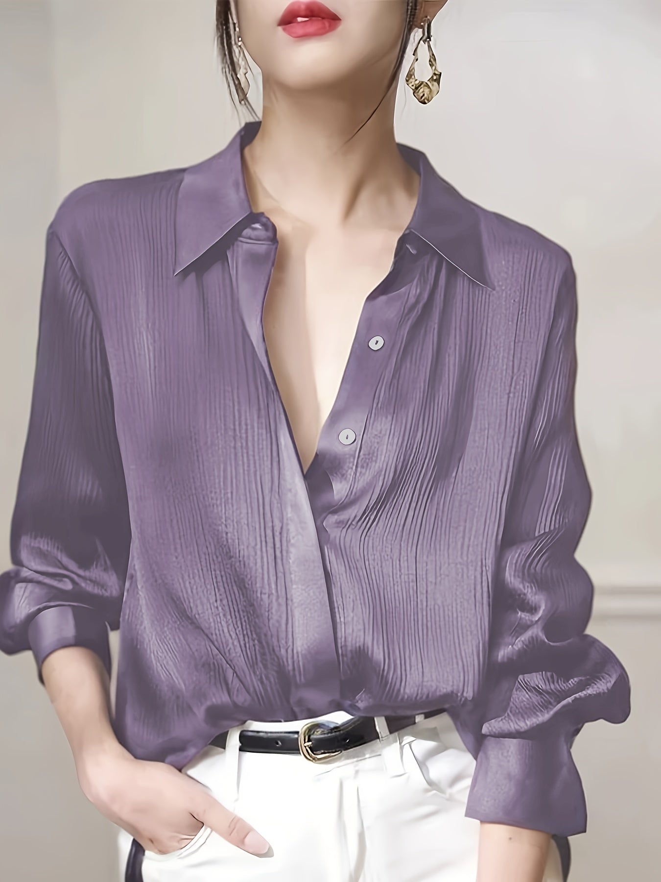 Women's Black Satin-Finish Button-Up Shirt, 100% Polyester Long Sleeve, Regular Fit, Machine Washable