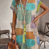 Women's Geometric V-Neck Midi Dress with Buttons, Fitted Polyester Casual Elegant Dress for Summer and All Seasons