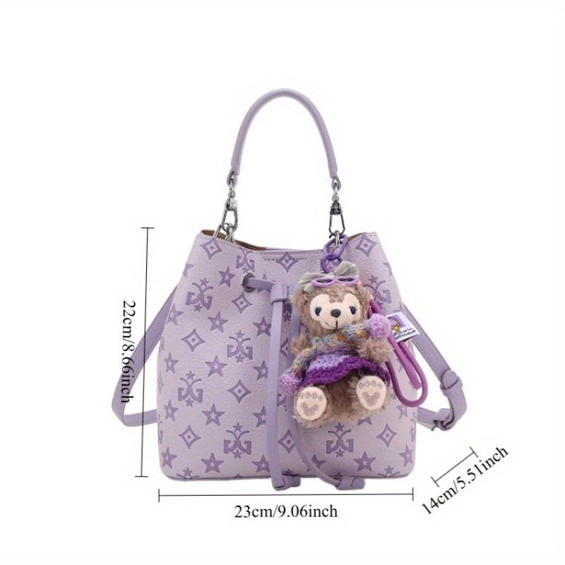 Purple Bucket Bag for Women – Large Capacity Embossed Geometric Handbag with Adjustable Strap & Gold Hardware
