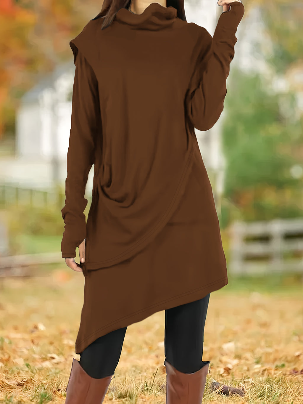 Women's Asymmetrical High-Neck Long Sleeve Tunic Dress, Knit Polyester Pencil Skirt, All-Season Casual